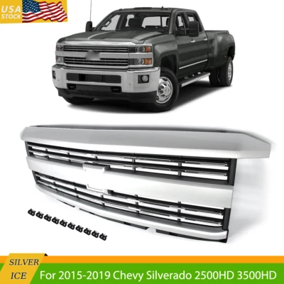 For 2015-2019 Silverado 2500 HD 3500 HD Silver Ice & Chrome Front Upper Grille Foto 1 de 4