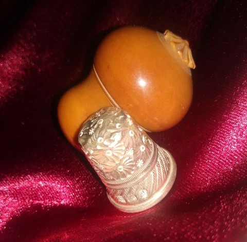 Antique Carved Acorn Shaped Vegetable Ivory Thimble Case w/Gorgeous Sterling Cover
