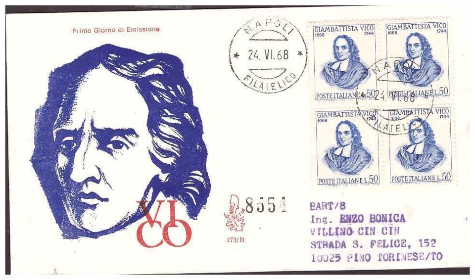 FDC Venetia Club 1968 - Giambattista Vico Viaggiata Racc. Quartina - Image 1 of 1