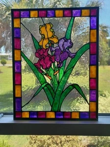 Irises Stained Glass Window Panel Hand Painted - Picture 1 of 6