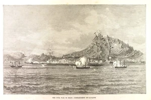 Grabado xilografía. Guerra civil española. Bombardeo de Alicante. 1873 Engraving - Imagen 1 de 6