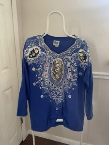 Vintage Fast Fashion Of California Blue Glitter Embellished W/Shoulder Pads Lg - Picture 1 of 7