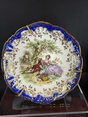 4 1/4” Limoges Courting Couple Miniature Plate With Stand Fragonard Gold Accents - Image 1 of 4