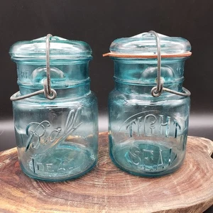 Lot of 2 Vintage Aqua Blue Wire Bail Canning Jars – Ball Ideal & Tight Seal Pint - Picture 1 of 10
