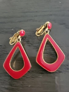 Vintage Clip On Red Dangle Earrings Goldtone - Picture 1 of 5