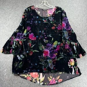 JOHN MARK Black Velvet Floral Bell Sleeve Flared Tunic Top Womens Size L - Picture 1 of 9