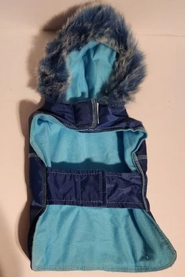 Navy/Teal Blue XS Dog Vest Fur Trimmed Hood 10x10" Body - Image 1 of 4
