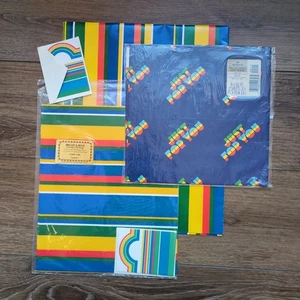 Vtg 80s Hallmark Current Gift Wrapping Paper + Cards Retro Stripes Just for You - Picture 1 of 6