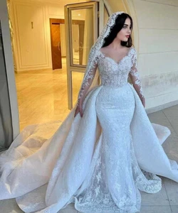 Vestidos de novia de sirena de lujo desmontables tren cuello en V mangas largas vestidos de novia - Imagen 1 de 8