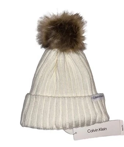 Calvin Klein Women’s Pom Pom Beanie Faux Fur Hat Pink Red Burgundy White New NWT - Picture 1 of 13