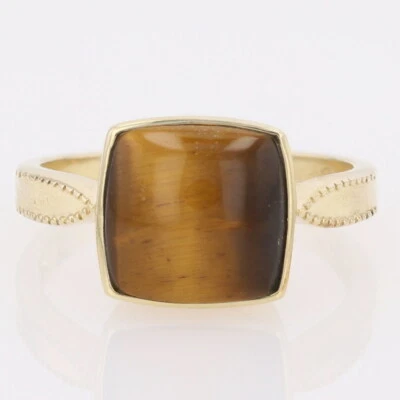 3.22ct Cabochon Tiger's Eye Solitaire Statement Ring 10k Yellow Gold Size 8 - Image 1 of 4