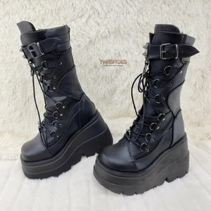 Botas Shaker 70 Negras Plataforma 4.5" Cuña Media pantorrilla Góticas Punk Rave NY DEMONIA - Imagen 1 de 11