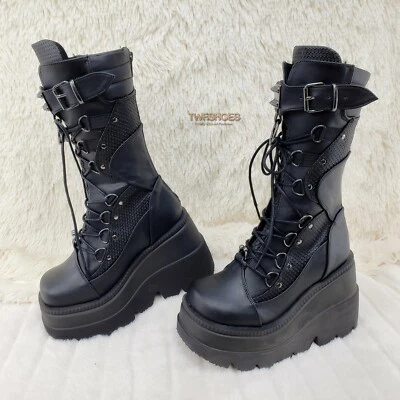 Shaker 70 Black Platform 4.5" Wedge Mid Calf Goth Punk Rave Boots NY DEMONIA - Image 1 of 4