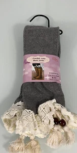 New WinWin Women's Crochet Lace Boot Knee Socks Grey Tassel Size 6-11 - Picture 1 of 5