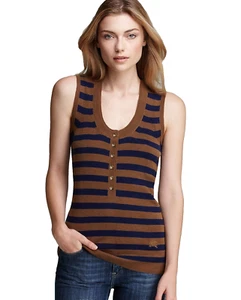 Burberry Brit Women Top Tank Striped Wool Silk Size Small Brown Navy Sleeveless - Picture 1 of 15