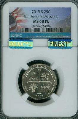 2019 S SAN ANTONIO QUARTER NGC MS68 PL PQ MAC FINEST GRADE RARE  POP 3 . - Image 1 of 2