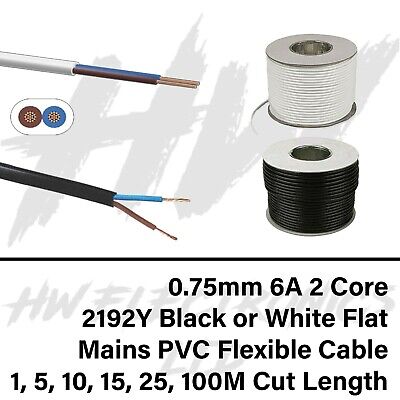 0.75mm 6A 2 Core 2192Y Black Or White Flat Mains PVC Flexible Cable • 0.99£