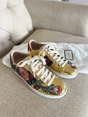Autêntico Novo Sapato Gucci Ace Couro Floral Metálico Tamanho 34.5 (Corrida Grande, EUA 5-5.5) - Imagem 1 de 4
