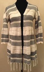 American Living Womens Cardigan Size Medium Navy Blue White Striped Fringed Hem - Picture 1 of 7