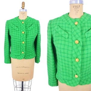 Vintage 1960s Suit Jacket Green Pane Plaid Gold Buttons Wool Blend First Lady - Picture 1 of 5