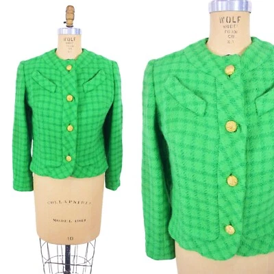 Traje Chaqueta Vintage Años 60 Panel Verde Cuadros Botones Dorados Mezcla Lana Primera Dama Foto 1 de 4