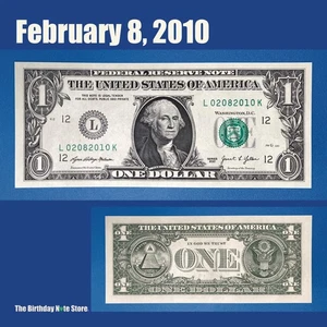 February 8, 2010 Birthday Anniversary $1 One Dollar Bill Serial Number 02082010 - Picture 1 of 2