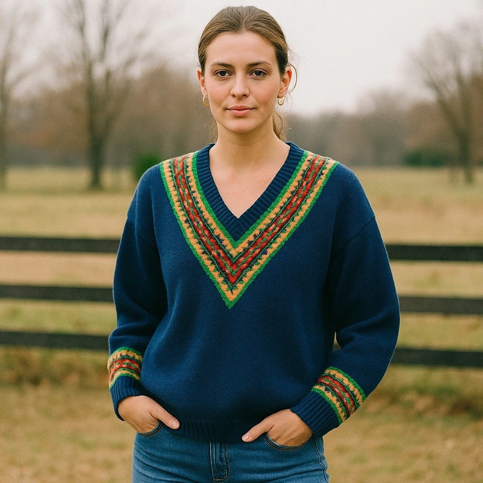 Vintage Pendleton Wool Sweater Womens Small Navy Blue V Neck Fair Isle Trim - Image 1 of 4