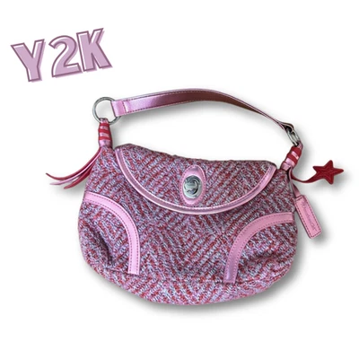 Mini Bolso Y2K Años 90 Tweed Sarga Rayas Preppy Estrella Rosa Cierre Flecos Forrado Cartera Foto 1 de 4
