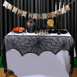 Halloween Table Runner Bat Black Spider Lace Long Tablecloth Web Fireplace Party - Picture 1 of 12