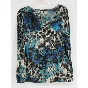 Camicetta CHAUS donna XL manica lunga collo cappuccio stampa astratta blu nero bianco - Foto 1 di 8