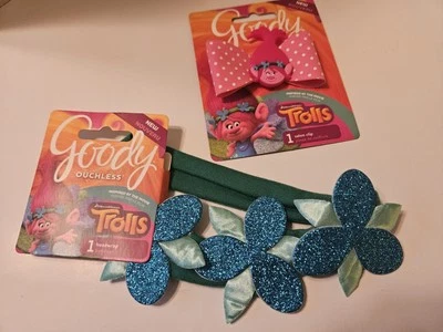 2 Goody Ouchless DreamWorks Trolls Poppy Glitter Floral Headband & Hair Clip NWT - Image 1 of 4
