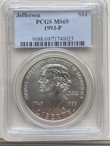 1993 P Thomas Jefferson Commemorative Silver Dollar $1 PCGS MS 69 - Picture 1 of 4