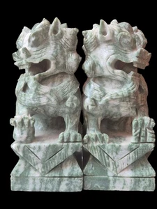 PAIR OF CHINESE SHOUSHAN GREEN MARBLED STONE DOGS OF FOO WITH BALLS IN MOUTH - Picture 1 of 13