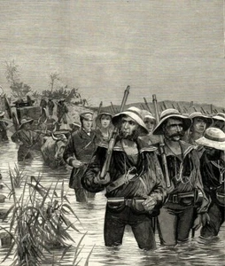 Antiker Kunstdruck 1879 Zulu Kriegsmatrosen HMS Shaw Crossing River R C Woodville - Bild 1 von 2