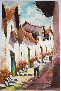 VINTAGE AQUARELL GEMÄLDE GEHÄMMERTES PAPIER SIGNIERT MENDEZ PERU CUSCO STRASSENVILLA - Bild 1 von 7