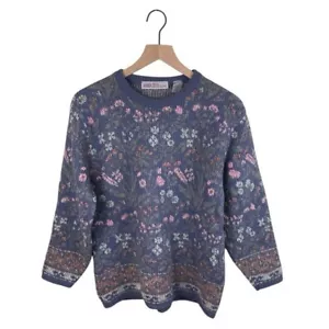Vintage 80s 90s Amanda Smith Dusty Blue Pastel Floral Sweater Cottage Size Large - Picture 1 of 5