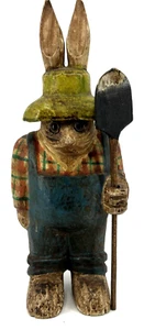 Wood Bunny Rabbit Farmer With Shovel Figurine Glass Eyes 8.5" - Picture 1 of 7