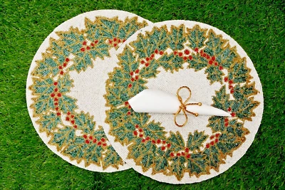 Set of 2 Beaded Table Mats – Golden Cherry Centerpieces, Mother’s Day Decor - Image 1 of 4