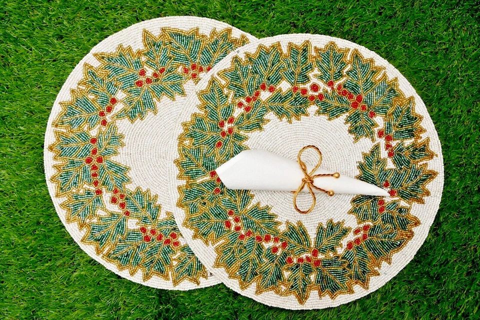 Set of 2 Beaded Table Mats – Golden Cherry Centerpieces, Mother’s Day Decor - Image 1 of 4