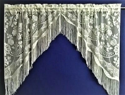 Heritage Lace Lori Fringe Split Swag White or Ecru 60" x 40" Bedroom Livingroom - Image 1 of 2
