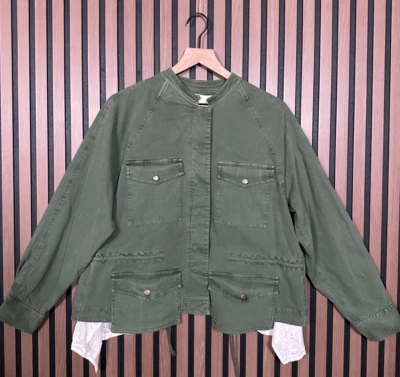 Nueva chaqueta utilitaria Anthropologie pequeña para mujer verde detalle encaje ribete 100 % algodón Foto 1 de 4