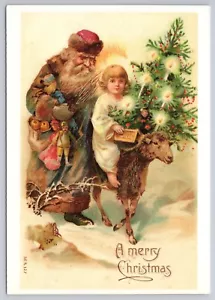 Feliz Navidad Abrigo Marrón Azul Papá Noel con Cristo Niño Cordero 1991 Postal Repro - Imagen 1 de 2