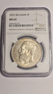 BÉLGICA - 5 Francos 1872 NGC MS 62 LEOPOLDO II Foto 1 de 4