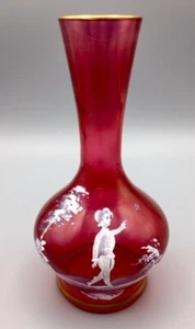 MARY GREGORY Cranberry Bud Vase Hand Painted Boy 6" tall Antique Art Glass Cute - Picture 1 of 11