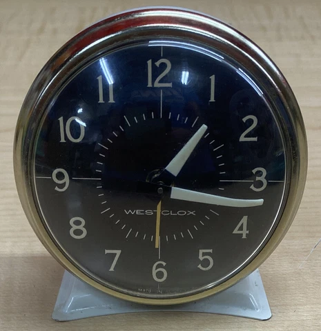 Vintage Westclox MCM Retro Metal Wind-Up Alarm Clock Glowing Hands Cream Gold Cover