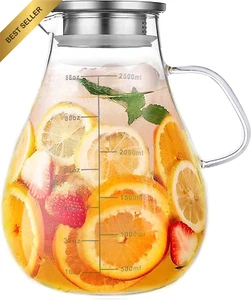 88Oz Glass Pitcher with Lid, 2500Ml Hot/Cold Water Jug, Beverage Carafe - Picture 1 of 12