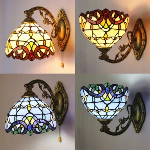 Vintage Tiffany Style Wall Sconce Stained Glass Shade Wall Light with Pull Chain - Picture 1 of 14