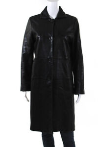 Designer Women's Leather Button Down Long Trench Coat Black Size S