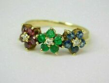 14K Yellow Gold Finish 2Ct Emerald & Ruby,Sapphire Simulated Diamond Flower Ring