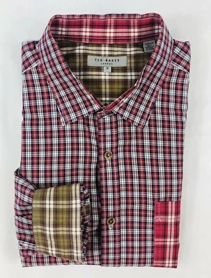Ted Baker London Red Plaid Checked Contrast Flip Cuff Size Mens 5 Large EUC - Image 1 of 4
